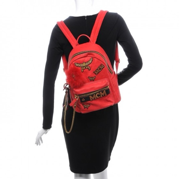 MCM Unisex Stark Leather Insignia Red Backpack - Picture 14 of 17